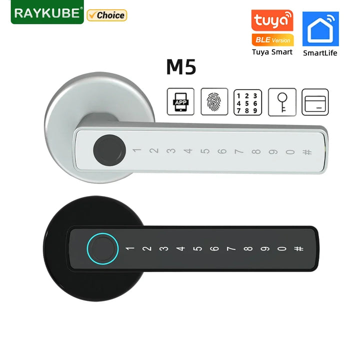 Secure Your Home with RAYKUBE M5: The Ultimate Smart Fingerprint Door Lock – Featuring Password, Key, IC Card, Smartlife, and Tuya APP Unlock!